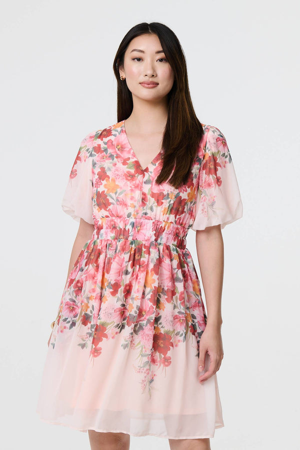 Pink | Floral Print Angel Sleeve Mini Dress
