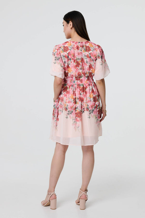 Pink | Floral Print Angel Sleeve Mini Dress
