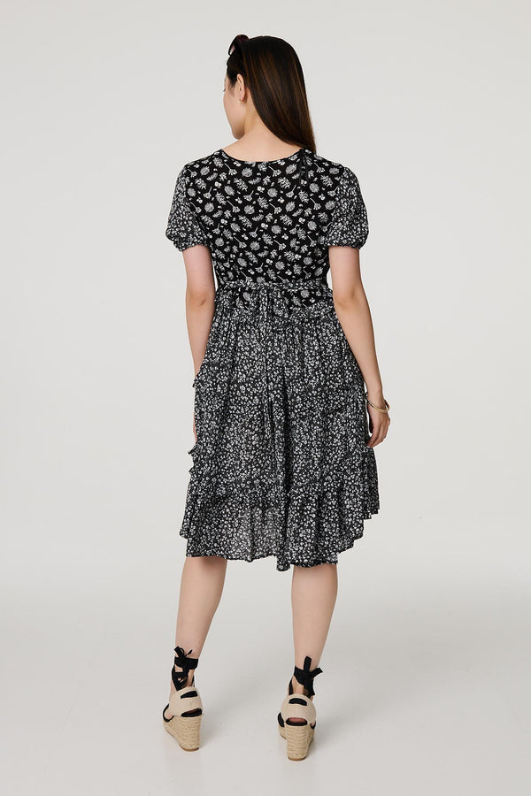 Black | Floral Short Sleeve Tiered Skater Dress