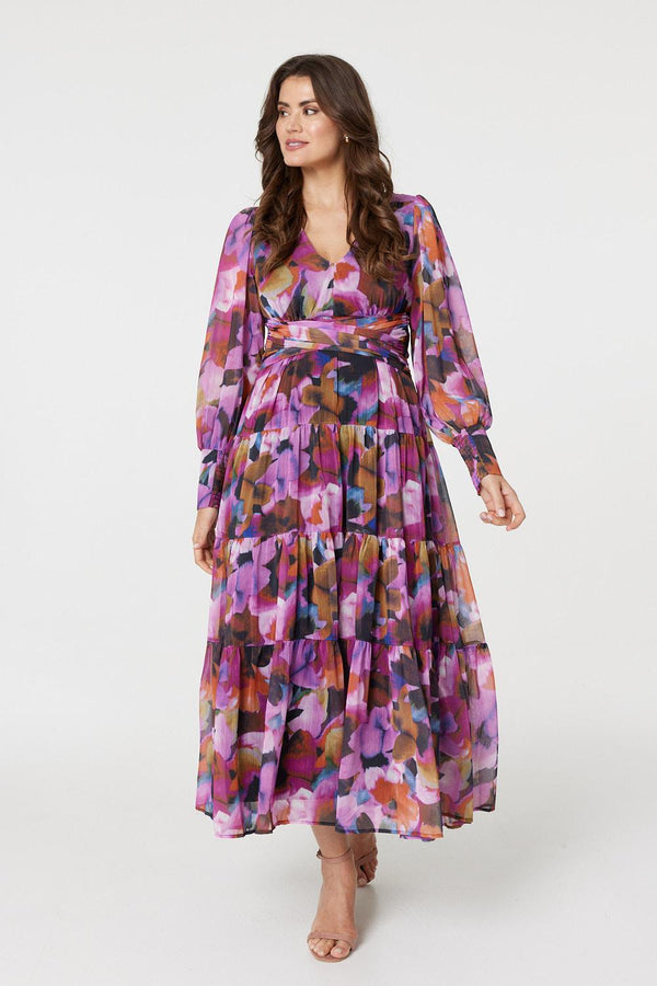 Pink | Floral Long Sleeve Ruched Maxi Dress