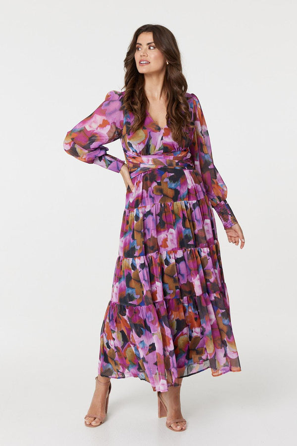 Pink | Floral Long Sleeve Ruched Maxi Dress