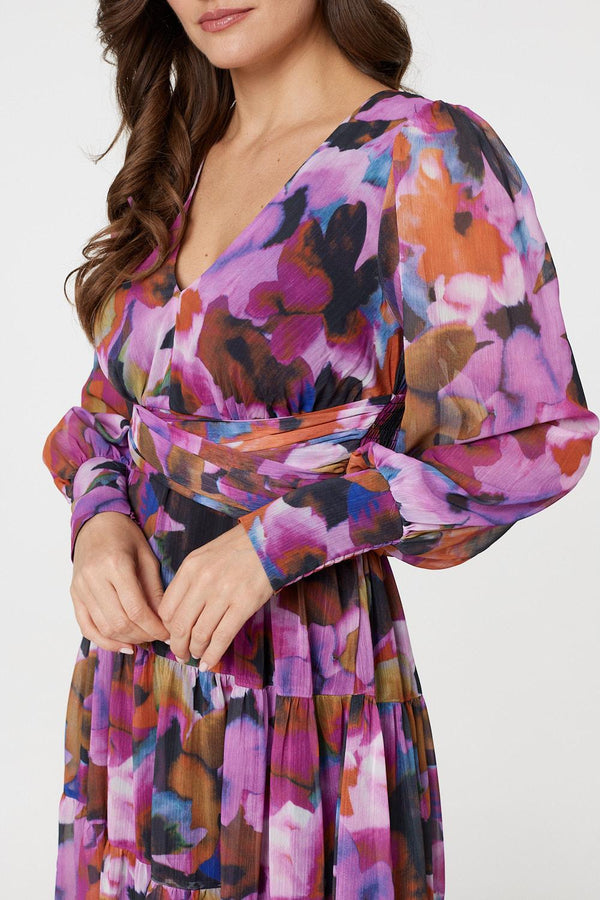 Pink | Floral Long Sleeve Ruched Maxi Dress