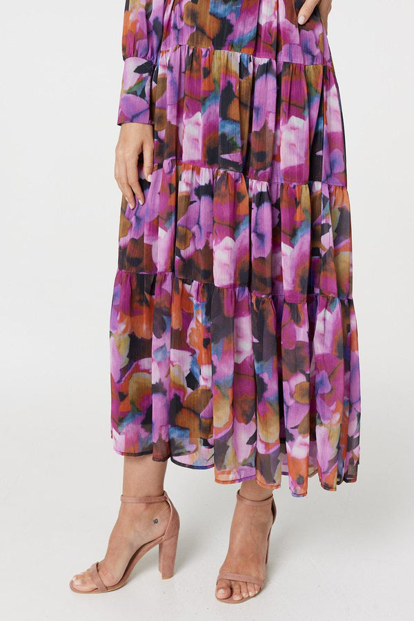 Pink | Floral Long Sleeve Ruched Maxi Dress