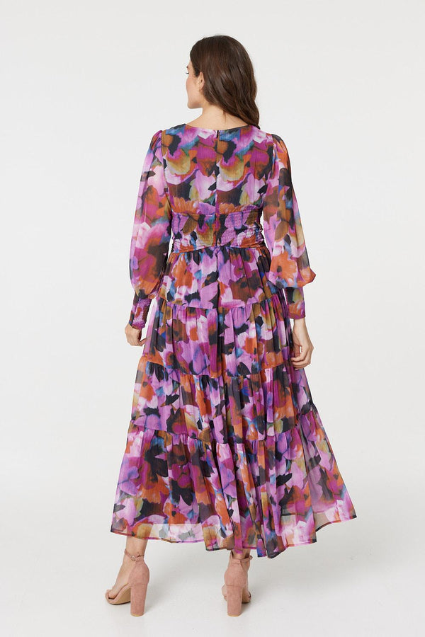 Pink | Floral Long Sleeve Ruched Maxi Dress