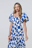 Blue | Printed Puff Sleeve Bardot Smock Midi Dress
