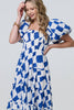 Blue | Printed Puff Sleeve Bardot Smock Midi Dress
