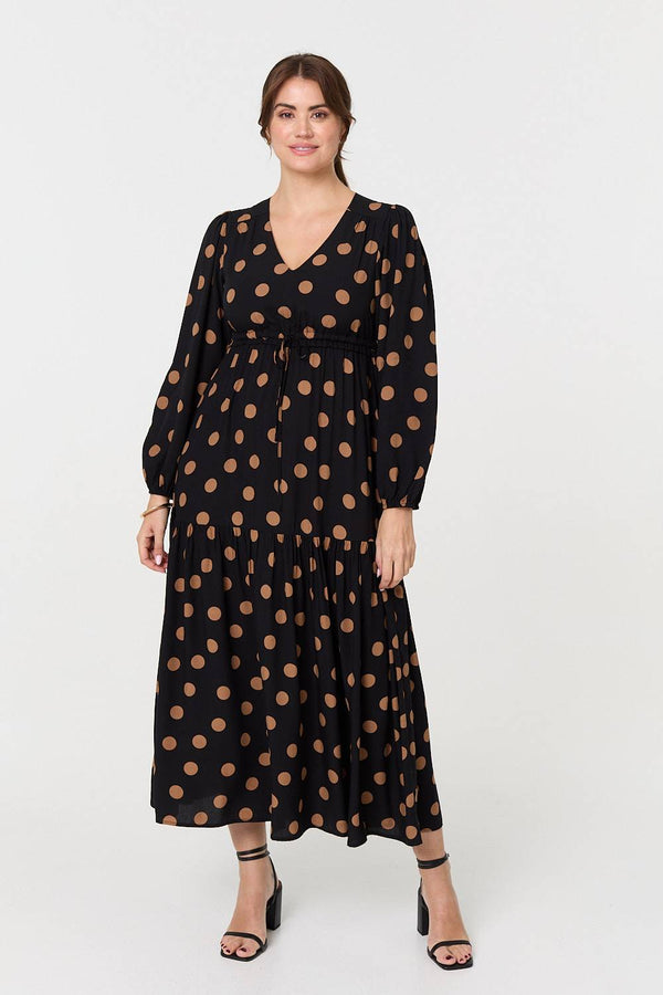 Black | Polka Dot Tie Empire Waist Maxi Dress
