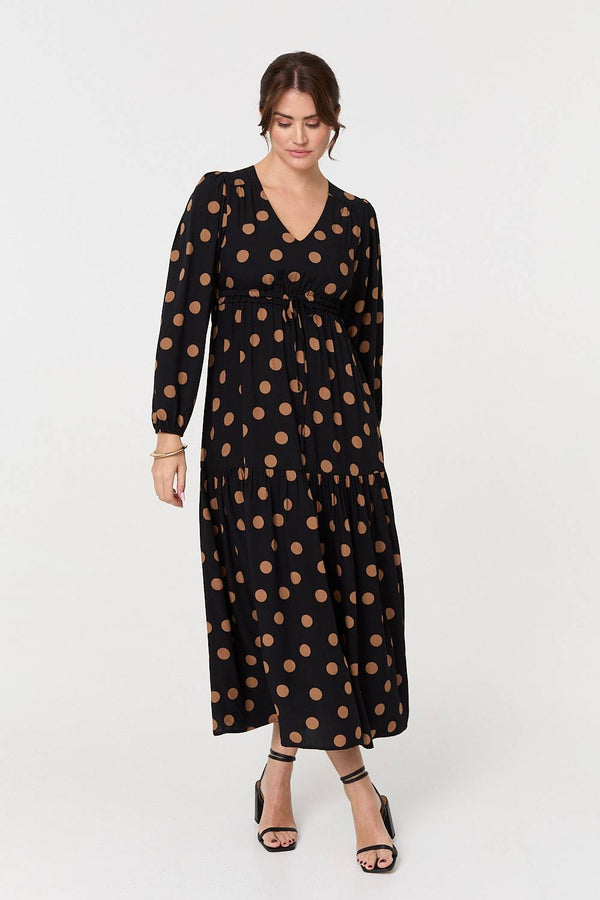 Black | Polka Dot Tie Empire Waist Maxi Dress
