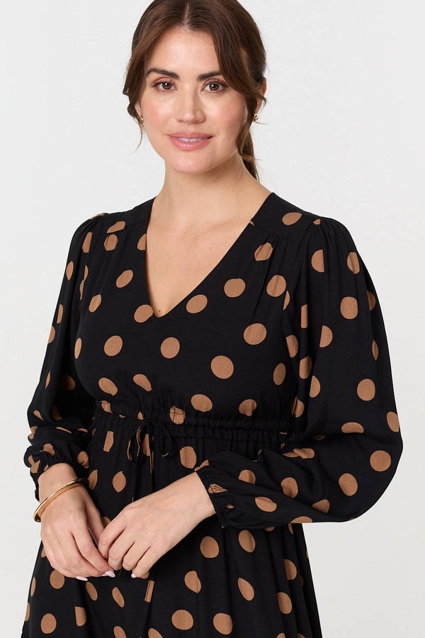 Black | Polka Dot Tie Empire Waist Maxi Dress
