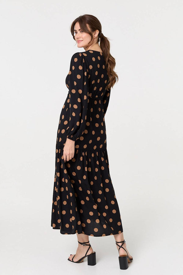 Black | Polka Dot Tie Empire Waist Maxi Dress
