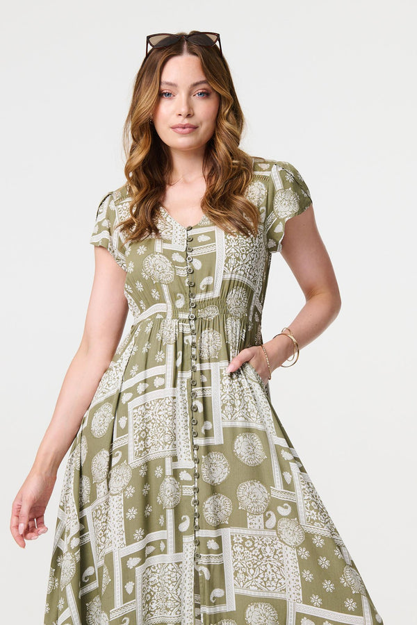 Sage | Printed V-Neck Cap Sleeve Maxi Dress