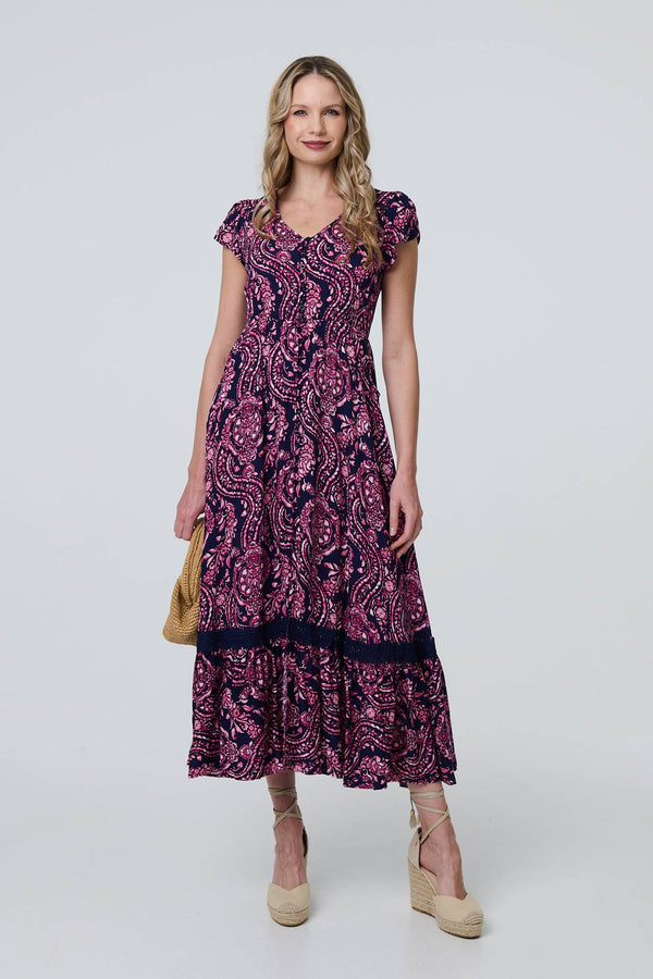 Navy | Paisley Cap Sleeve Lace Trim Maxi Dress
