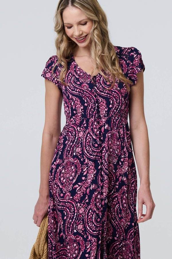 Navy | Paisley Cap Sleeve Lace Trim Maxi Dress
