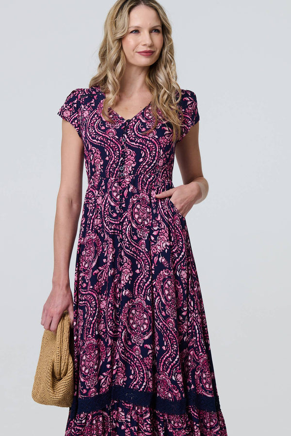 Navy | Paisley Cap Sleeve Lace Trim Maxi Dress
