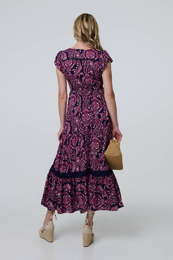 Navy | Paisley Cap Sleeve Lace Trim Maxi Dress
