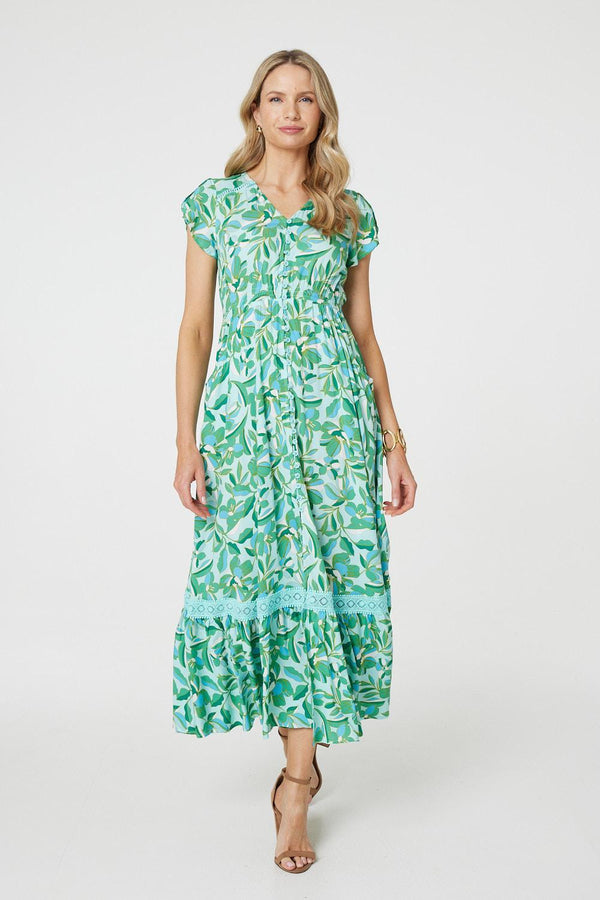 Green | Leaf Print Lace Trim Maxi Dress