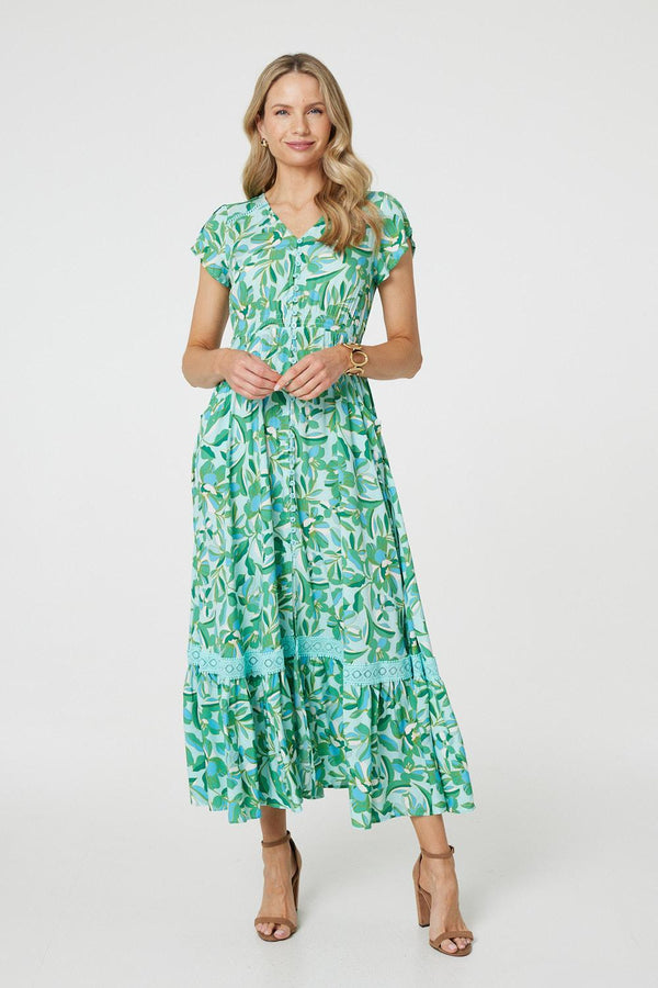 Green | Leaf Print Lace Trim Maxi Dress