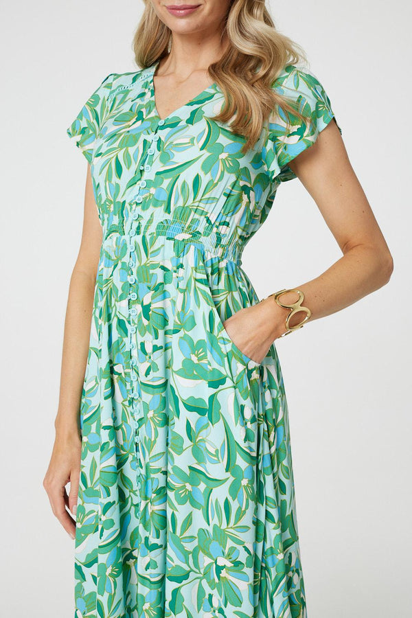 Green | Leaf Print Lace Trim Maxi Dress