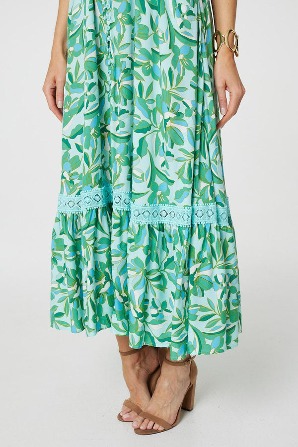 Green | Leaf Print Lace Trim Maxi Dress