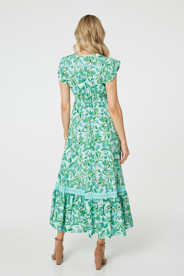 Green | Leaf Print Lace Trim Maxi Dress