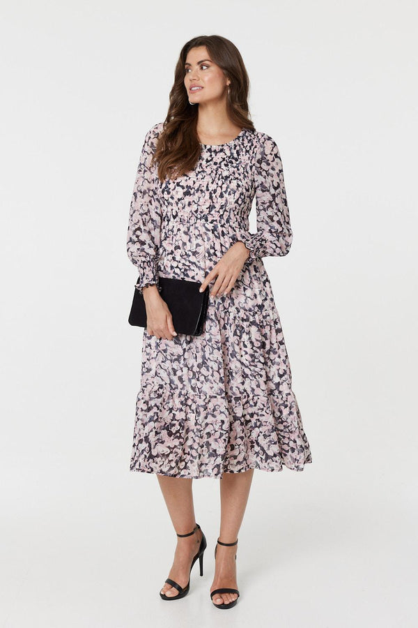 Pink | Floral Tiered Smock Midi Dress