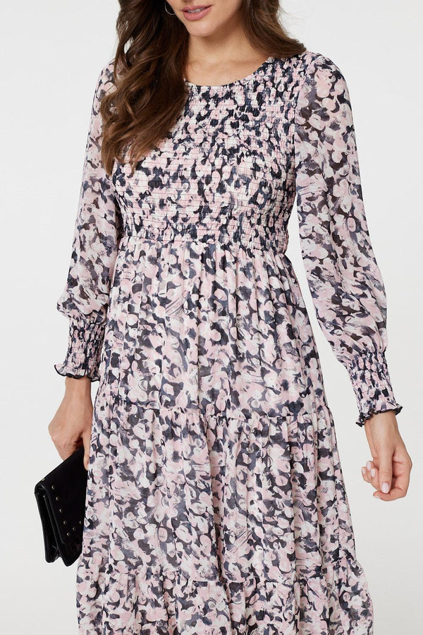 Pink | Floral Tiered Smock Midi Dress