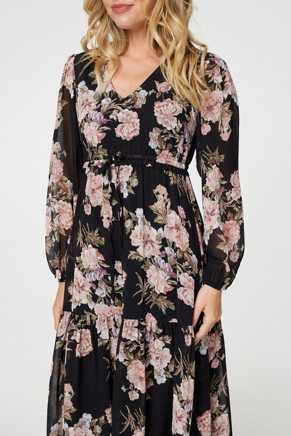 Black | Floral Semi Sheer Empire Waist Midi Dress
