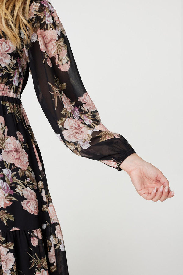 Black | Floral Semi Sheer Empire Waist Midi Dress
