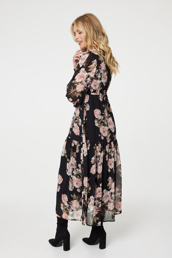 Black | Floral Semi Sheer Empire Waist Midi Dress
