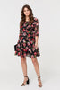 Black | Rose Print 3/4 Sleeve Short Skater Dress
