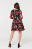 Black | Rose Print 3/4 Sleeve Short Skater Dress
