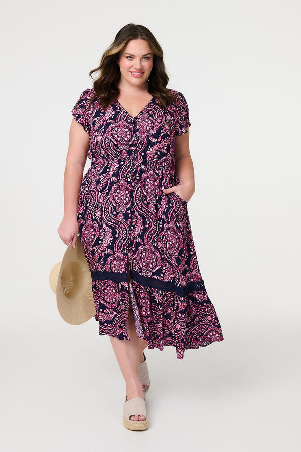 Navy | Printed Short Sleeve Lace Trim Maxi Dress