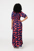 Navy | Printed V-Neck Short Puff Sleeve Maxi Dress