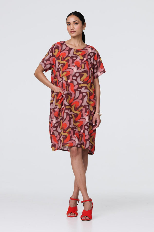 Orange | Printed Round Neck Tunic Dress