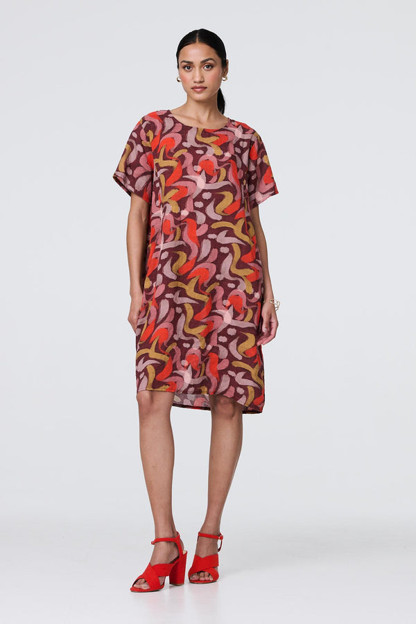 Orange | Printed Round Neck Tunic Dress