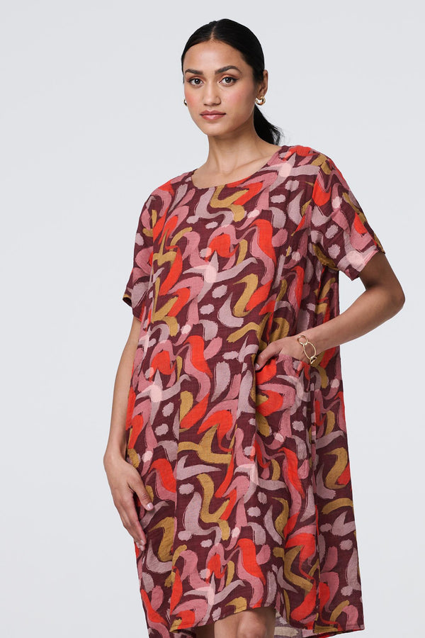 Orange | Printed Round Neck Tunic Dress