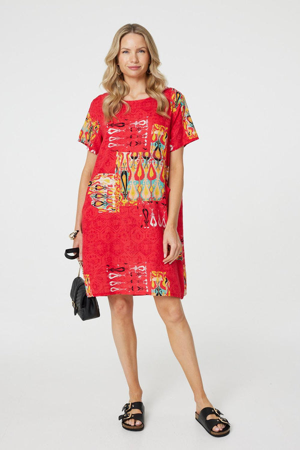 Red | Printed Round Neck Relaxed Shift Dress