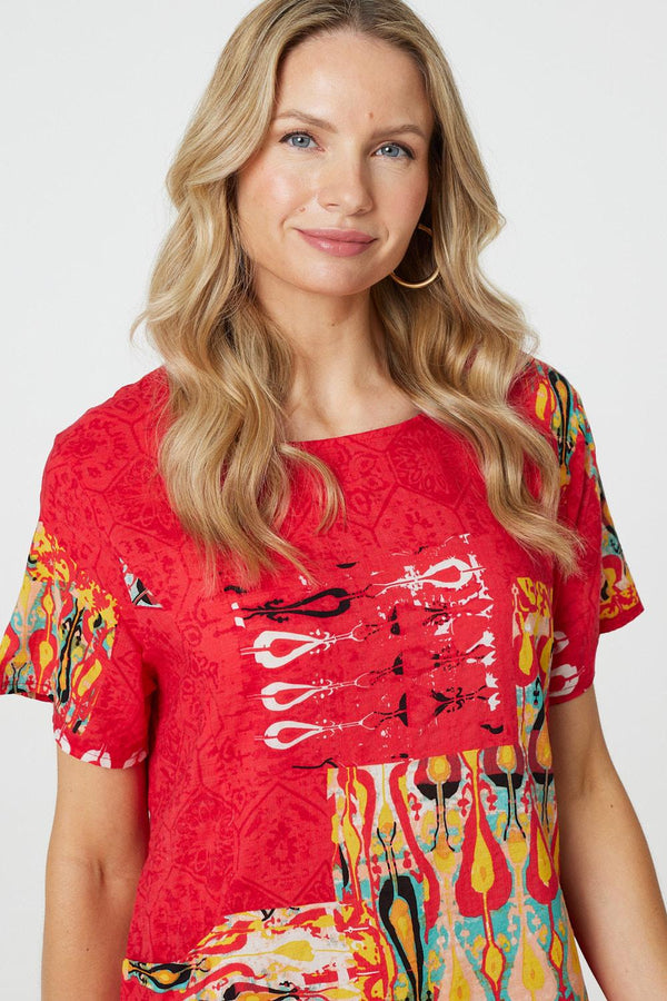 Red | Printed Round Neck Relaxed Shift Dress