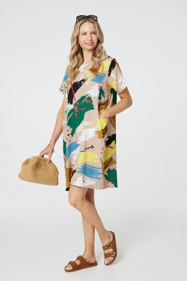 Green | Brushstroke Print Knee Length Shift Dress