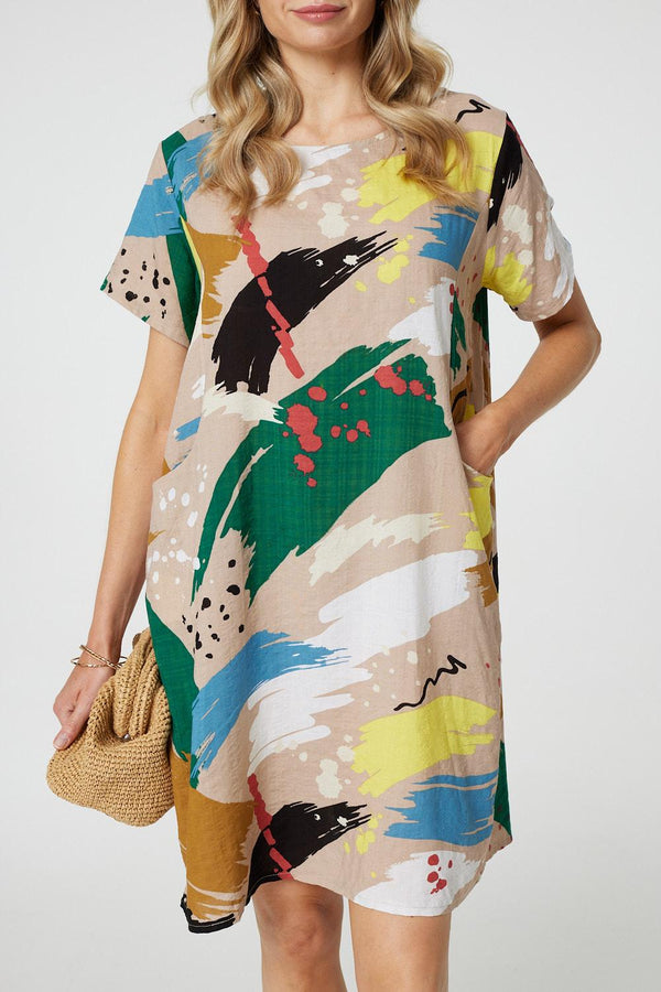 Green | Brushstroke Print Knee Length Shift Dress