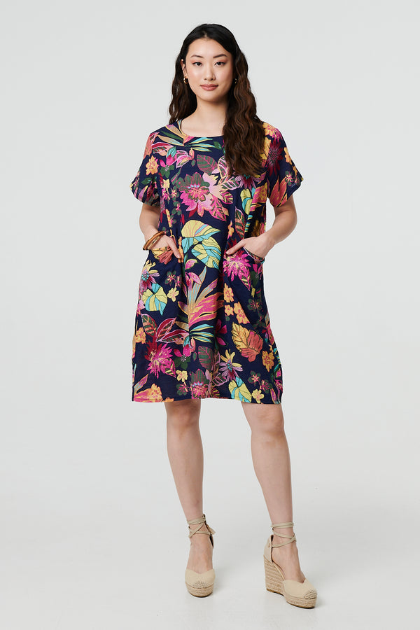 Navy | Tropical Print Knee Length Shift Dress
