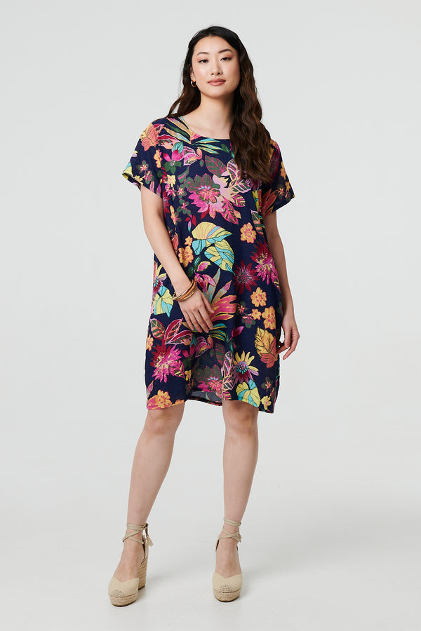 Navy | Tropical Print Knee Length Shift Dress
