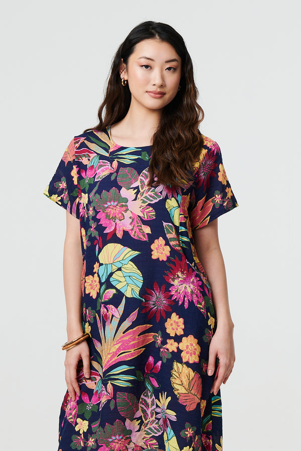 Navy | Tropical Print Knee Length Shift Dress
