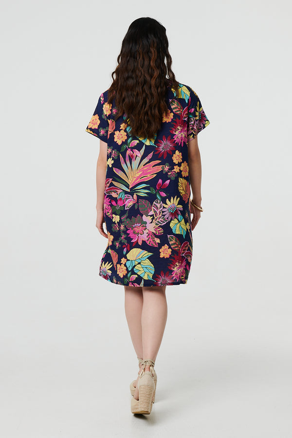 Navy | Tropical Print Knee Length Shift Dress
