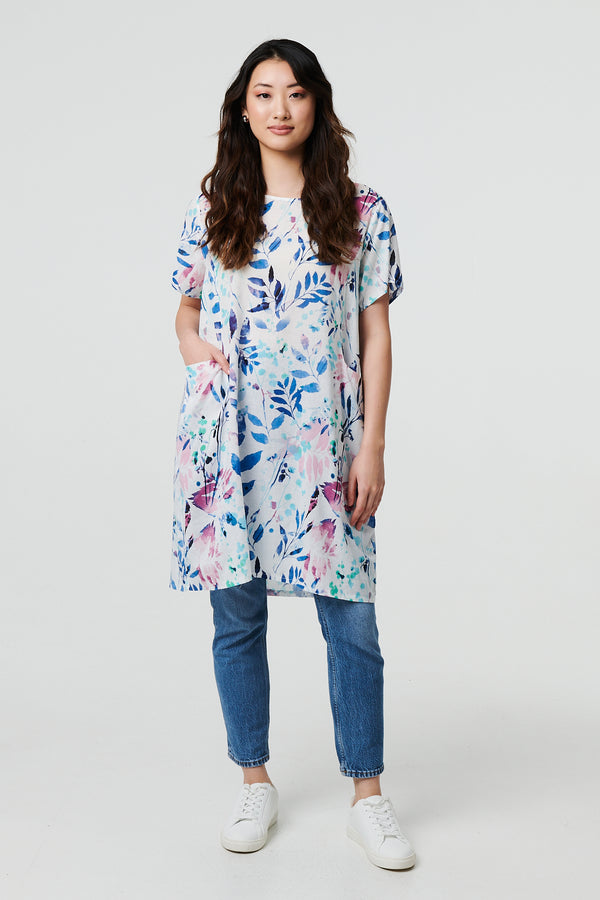 Blue | Leaf Print Pocket Front Short Shift Dress
