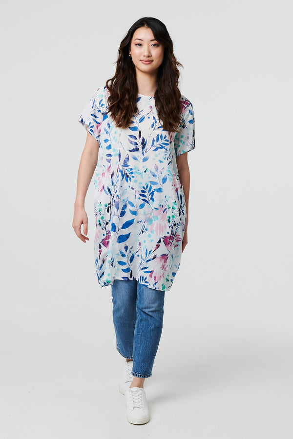 Blue | Leaf Print Pocket Front Short Shift Dress
