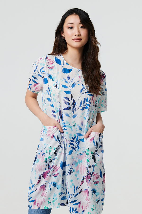 Blue | Leaf Print Pocket Front Short Shift Dress
