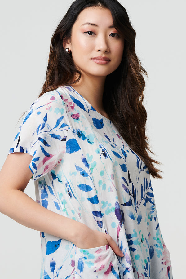 Blue | Leaf Print Pocket Front Short Shift Dress
