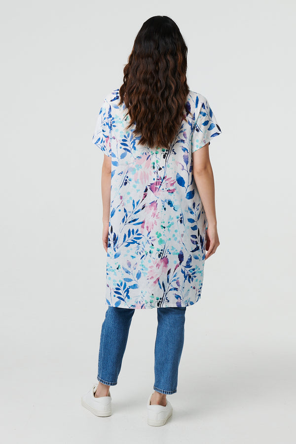 Blue | Leaf Print Pocket Front Short Shift Dress
