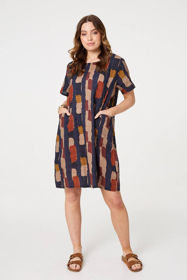 Navy | Printed Short Sleeve Knee Length Dress
